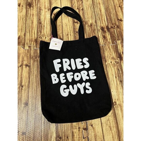 Bando Handbags - Bando Black Canvas Tote Bag with White Print "Fries Before Guys"